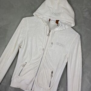 BCBG Velour Hoodie Womens White Rhinestone Logo Satin Lined Y2K 90s Vintage Glam